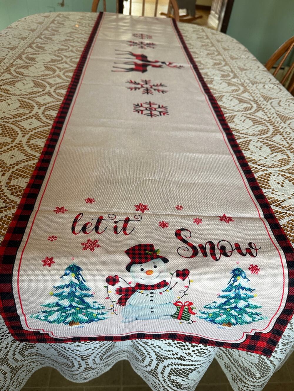 Let It Snow Christmas Table Runner 72 Inch Buffalo Plaid Snowman Reindeer Rustic